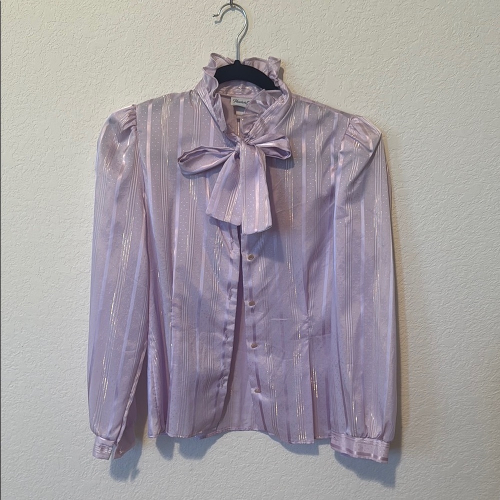 Purple Puff Sleeve Blouse with Ruffled Tie Front